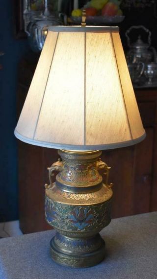 Antique Chinese Export Champleve Two Handled Gilt Urn Converted To Electric Lamp