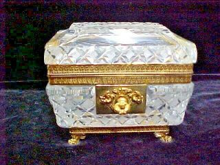 Antique French Cut Crystal Glass Vanity Jewelry Casket Box W/key Bronze Excellnt