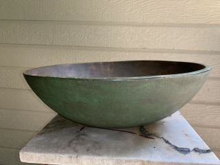 Antique Primitive Large Size Wooden Treen Ware Bowl With Green Paint