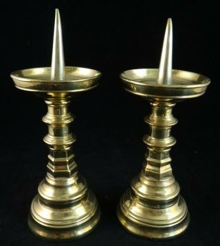 Pr.  European Solid Brass Pricket Candlesticks.  18th C.  Thick & Heavy,  9 ½” Tall