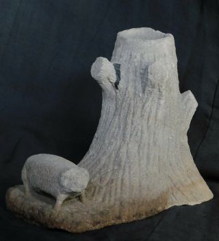 Antique American Folk Art Carved Lime Stone Sheep Tree Stump Match Holder Lamb
