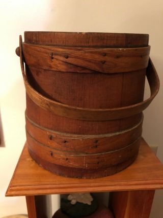 Primitive Vintage Wooden Sugar Firkin Bucket With Swing Handle No Lid 10” High