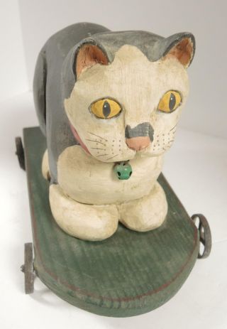 Vintage Shrode Hand Painted Folk Art Wooden Cat Pull Toy