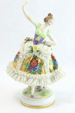 Dresden Hand Painted Golden Floral Lace Gown Figurine