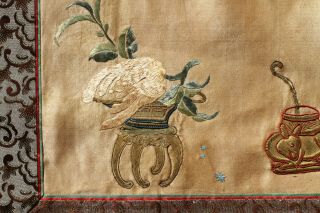 Antique Chinese 19th Century Silk & Gold Thread Embroidered Silk Panel Scholars 6
