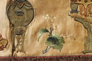 Antique Chinese 19th Century Silk & Gold Thread Embroidered Silk Panel Scholars 8