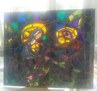 Antique Ny Church Stained Glass Window Salvage Of Mary,  Joseph & Jesus.  27 " X32 "