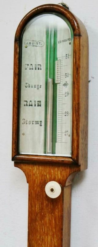 Antique Scottish Solid Oak Stick Wall Barometer & Thermometer,  J.  Buist Edinburgh