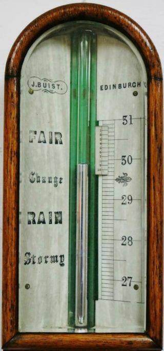 Antique Scottish Solid Oak Stick Wall Barometer & Thermometer,  J.  Buist Edinburgh 3