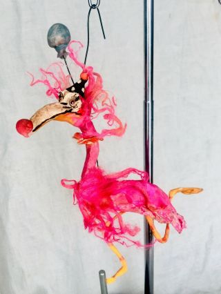 Primitive Handsculpted Papermache Dancin Circus Flamingo & Feathers Orny 8”