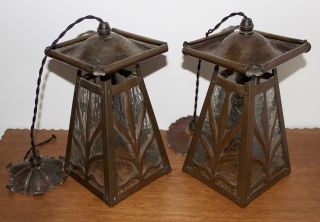 Pair Antique Art Nouveau Arts And Crafts Copper Lanterns Ceiling Lights