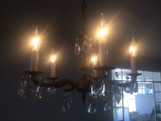 Vtg Smaller Ornate Brass 5 Arm Chandelier Light W/40 Crystal Glass Prisms