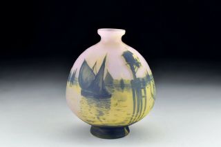 Signed Cristallerie De Pantin Devez French Cameo Art Glass Vase W/ Harbor Scene