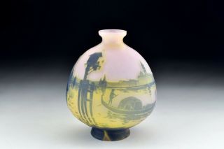 Signed Cristallerie de Pantin Devez French Cameo Art Glass Vase w/ Harbor Scene 2