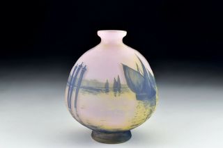 Signed Cristallerie de Pantin Devez French Cameo Art Glass Vase w/ Harbor Scene 4