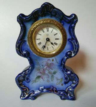 Antique Ansonia Blue Porcelian Mantle Shelf Clock
