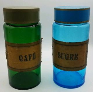 Antique French Apothecary Jar Cobolt Blue Sucre Dark Green Cafe Glass Lid Label