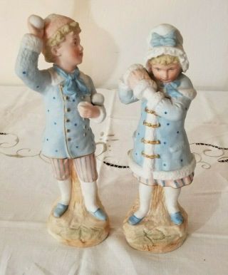 Rare Pair Gebruder Heubach German Bisque Figurines Boy & Girl Snowball Fight