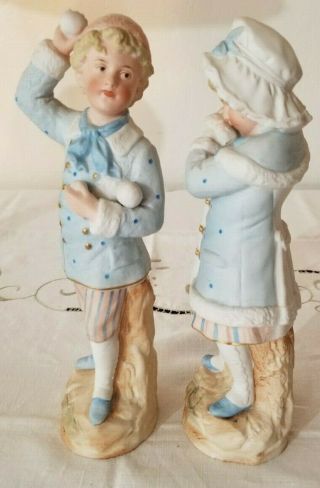 RARE Pair GEBRUDER HEUBACH GERMAN Bisque Figurines BOY & GIRL Snowball Fight 2