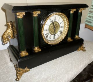 Very Fancy Antique Elias Ingraham Usa 1888 Wood & Brass 8 Day Chime Mantel Clock