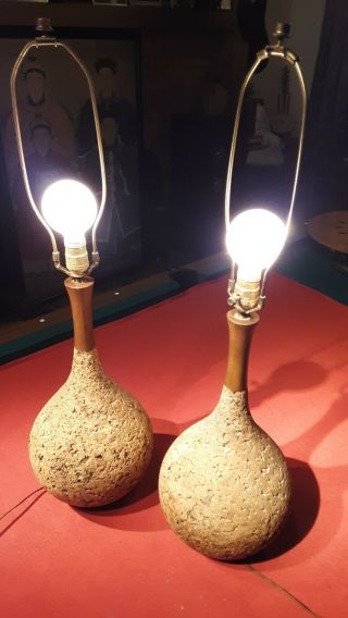 Pair Cork Lamps With Shades Mid - Century Modern Lamp Danish Eames 1970s
