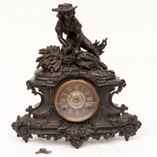 Cast Iron Victorian Era Mantle Clock Gleaner Reaper Müller Pendulum & Bell