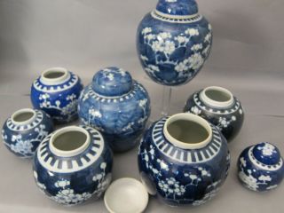 8 ANTIQUE CHINESE PORCELAIN BLUE AND WHITE PRUNUS ITEMS: JARS,  VASE,  BOWL E.  G. 12