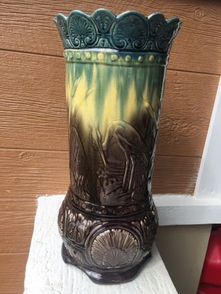Roseville Art Pottery Blended Glaze Umbrella Stand Patio Vase Stork Cattails