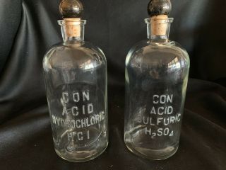 2 Embossed Con Acid Hydrochloric And Sulfuric Antique Glass Bottles