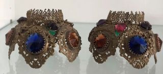 Antique Brass Ormolu Jeweled Fairy Lamp Filigree Shade Pair Victorian Oil Kero