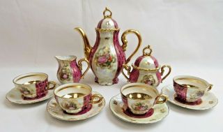 Antique German Bavaria 24k Gold Porcelain Tea Set French Fragonard Décor Romance