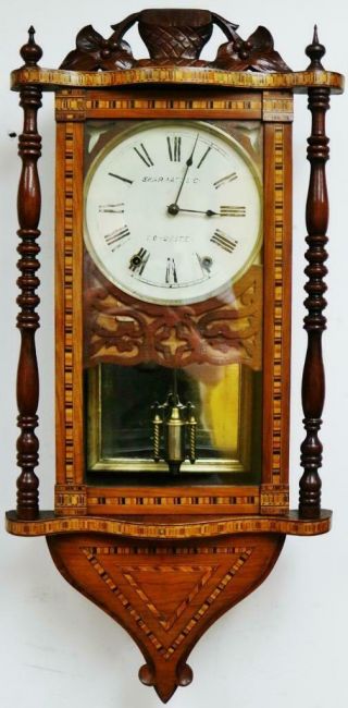 Antique American Wall Clock 8day Striking Walnut Inlaid Tunbridge Ware