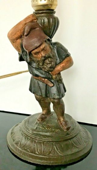 Antique Cast Metal Small Table Lamp Bearded Man Carrying Jar 10 " Tall