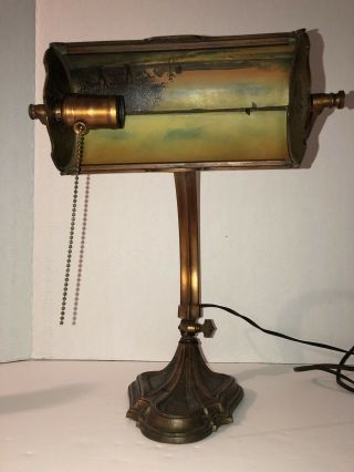 Antique E MILLER Reverse Paint LAMP Art Deco Arts Craft Brass Copper Student Old 11