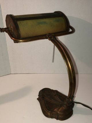 Antique E MILLER Reverse Paint LAMP Art Deco Arts Craft Brass Copper Student Old 12