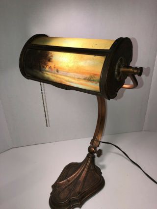 Antique E Miller Reverse Paint Lamp Art Deco Arts Craft Brass Copper Student Old