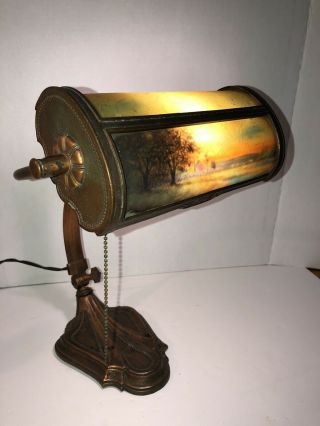Antique E MILLER Reverse Paint LAMP Art Deco Arts Craft Brass Copper Student Old 2