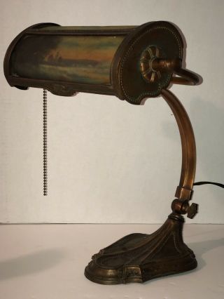 Antique E MILLER Reverse Paint LAMP Art Deco Arts Craft Brass Copper Student Old 9
