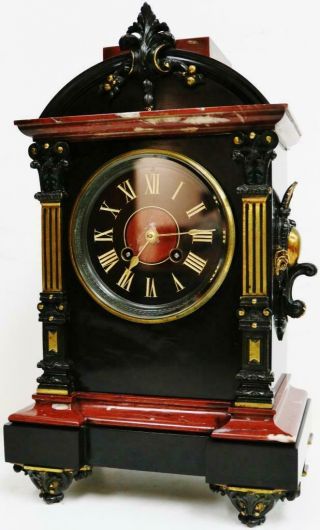 Rare Antique French Slate Marble Striking Mantel Clock 8Day Ornate Architectural 5