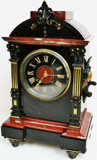 Rare Antique French Slate Marble Striking Mantel Clock 8Day Ornate Architectural 6