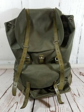Vintage Swiss Army Rubberized Military Backpack Leather Bottom Straps Rucksack