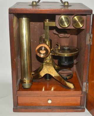 Brass Microscope In Case - Benn Franks,  Hull,  Hanley Etc.