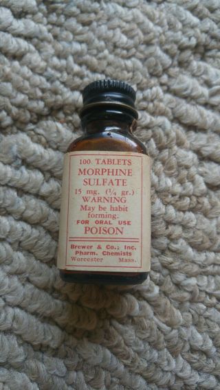 Vintage Morphine Sulfate 15mg Poison Amber Bottle Brewer & Co.  100 Tablets Vgc