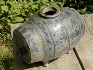 1830 Old Antique Brandy Keg France Stoneware Primitive Pottery Crock Cobalt Blue