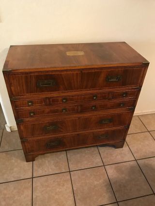 Antique England Mahogany Campaign Chest/desk Nine Drawers With Key One Of A Kind