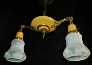 Vtg Deco Era Victorian Brass Chandelier Glass Shades Ceiling Light Fixture 20 