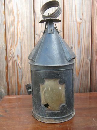 Antique 1800 ' s large primitive tin candle lantern with horn window 4