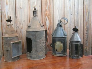 Antique 1800 ' s large primitive tin candle lantern with horn window 7