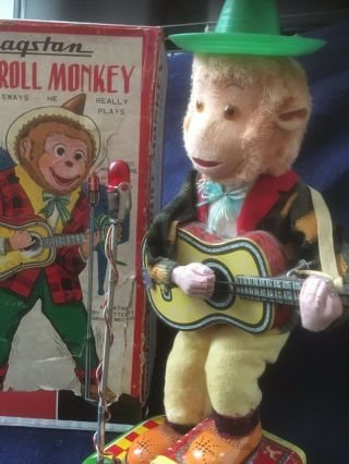 Vintage 50s Cragstan Alps Rock - N - Roll Tin Animated Monkey W/ Box -