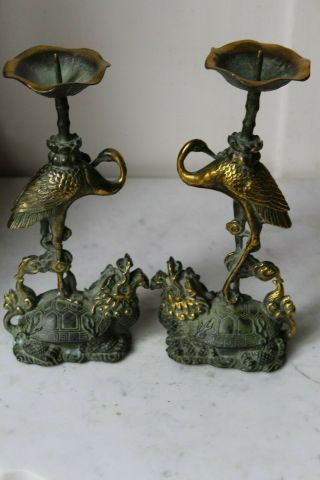 Antique/vintage Chinese Bronze Stork & Turtle Candlesticks Signed
